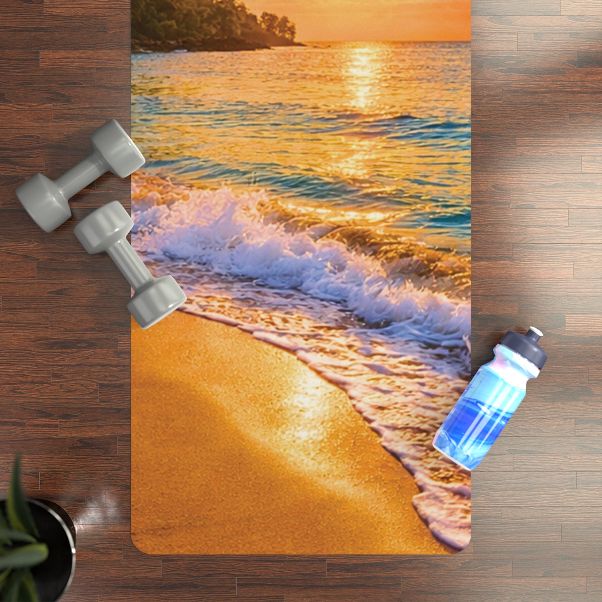 Sunset Beach Waves Rubber Yoga Mat | Seaside Sunrise, Ocean Scene