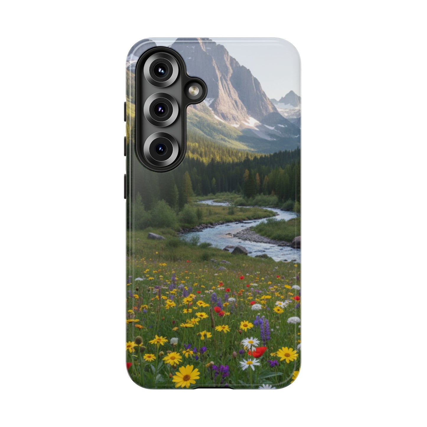 Mountain Meadow Phone Case — Vibrant Wildflowers, Stream & Mountain Design