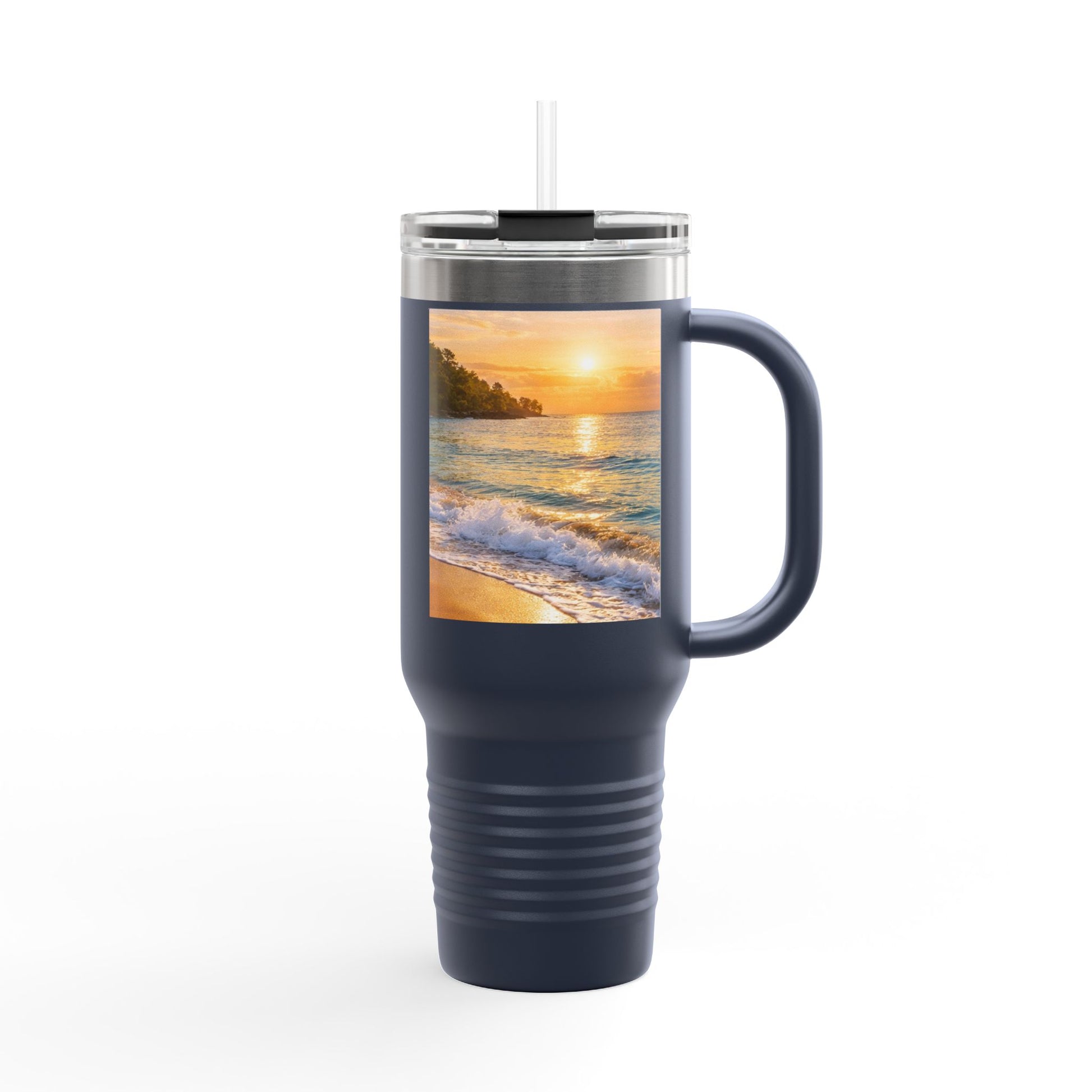 Travel mug with a beach sunset design on a white background