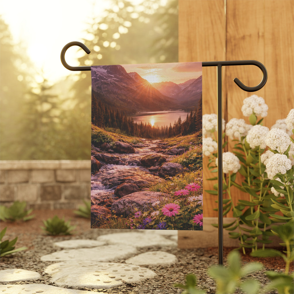 Sunset Mountain Lake with Wildflowers garden flag with nature-inspired artwork - product view 6
