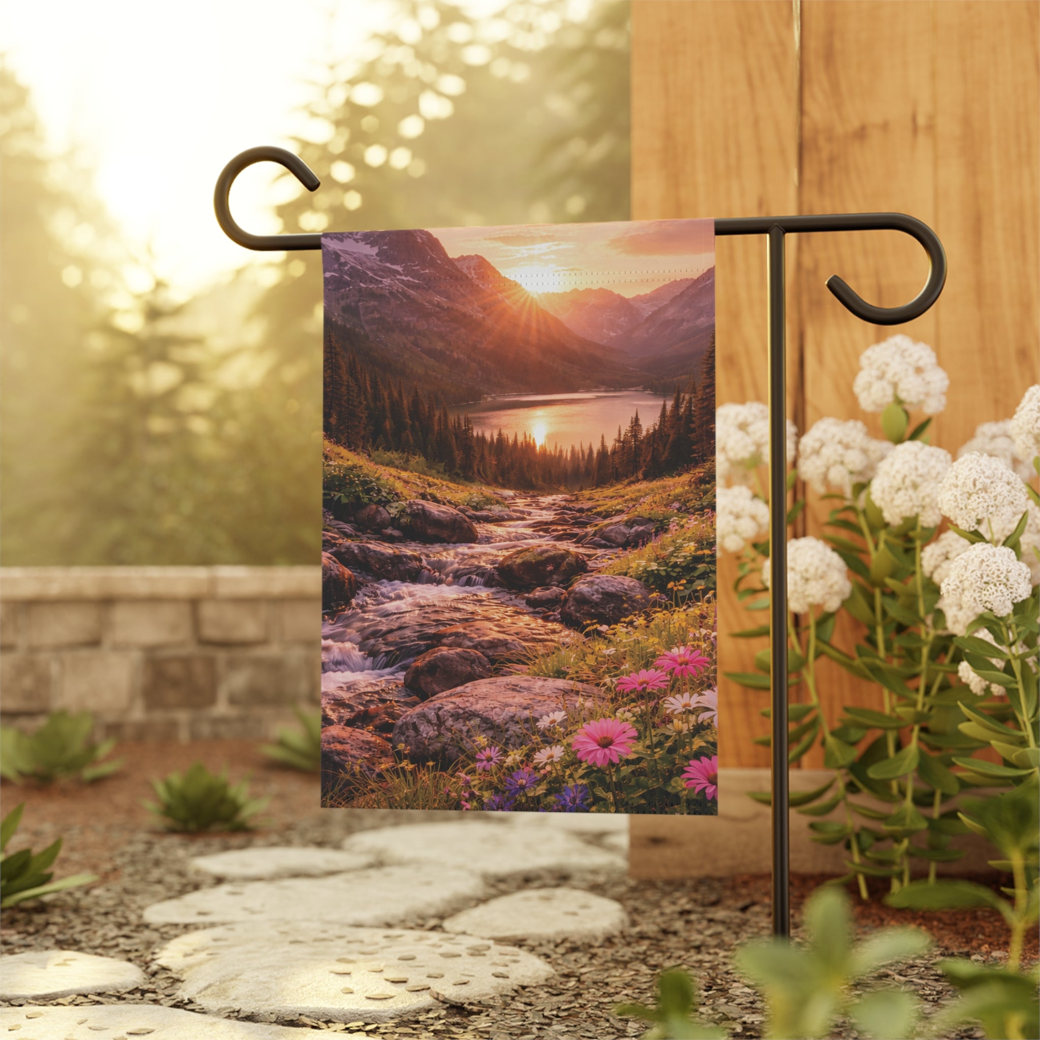 Sunset Mountain Lake with Wildflowers garden flag with nature-inspired artwork - product view 6