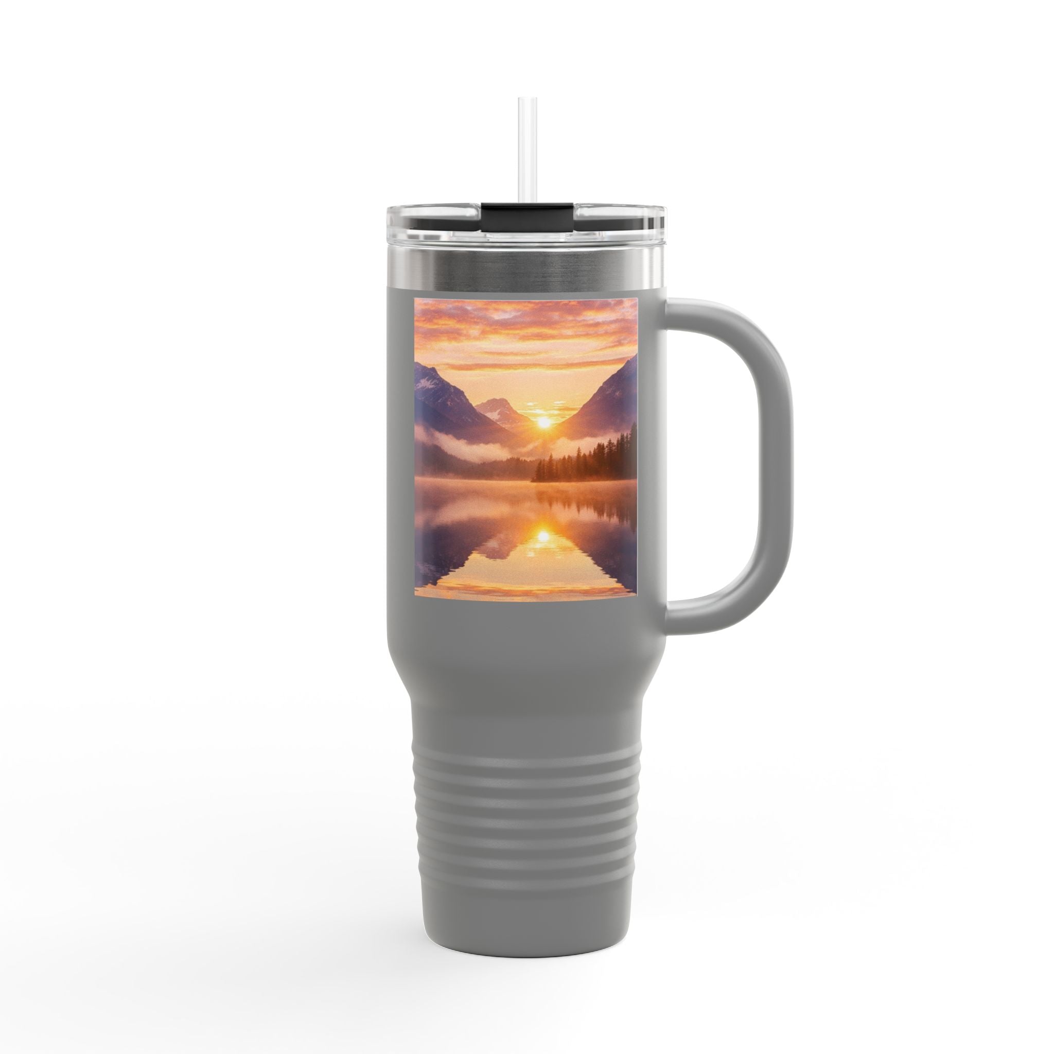 Gray travel mug with a mountain sunset design on a white background
