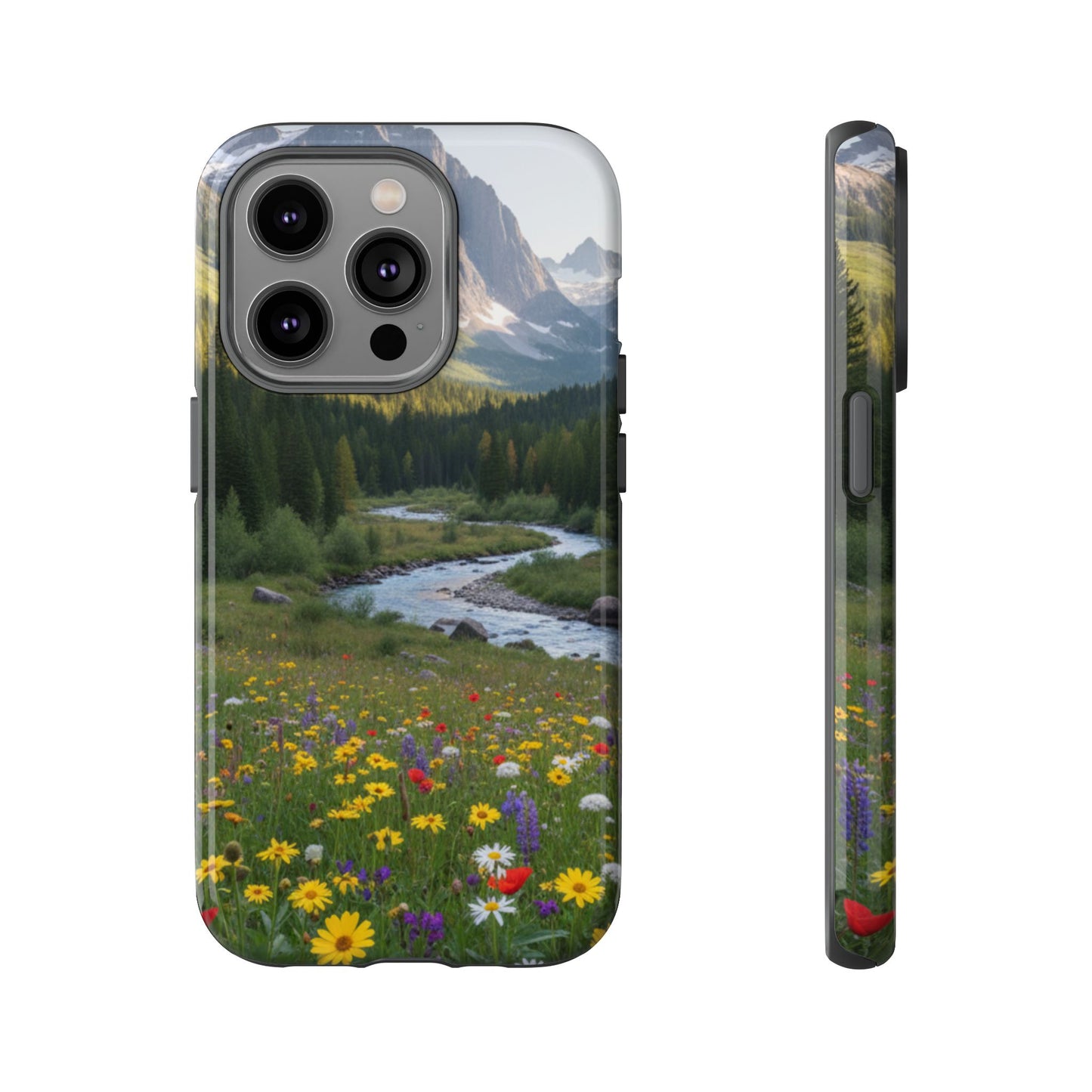 Mountain Meadow Phone Case — Vibrant Wildflowers, Stream & Mountain Design