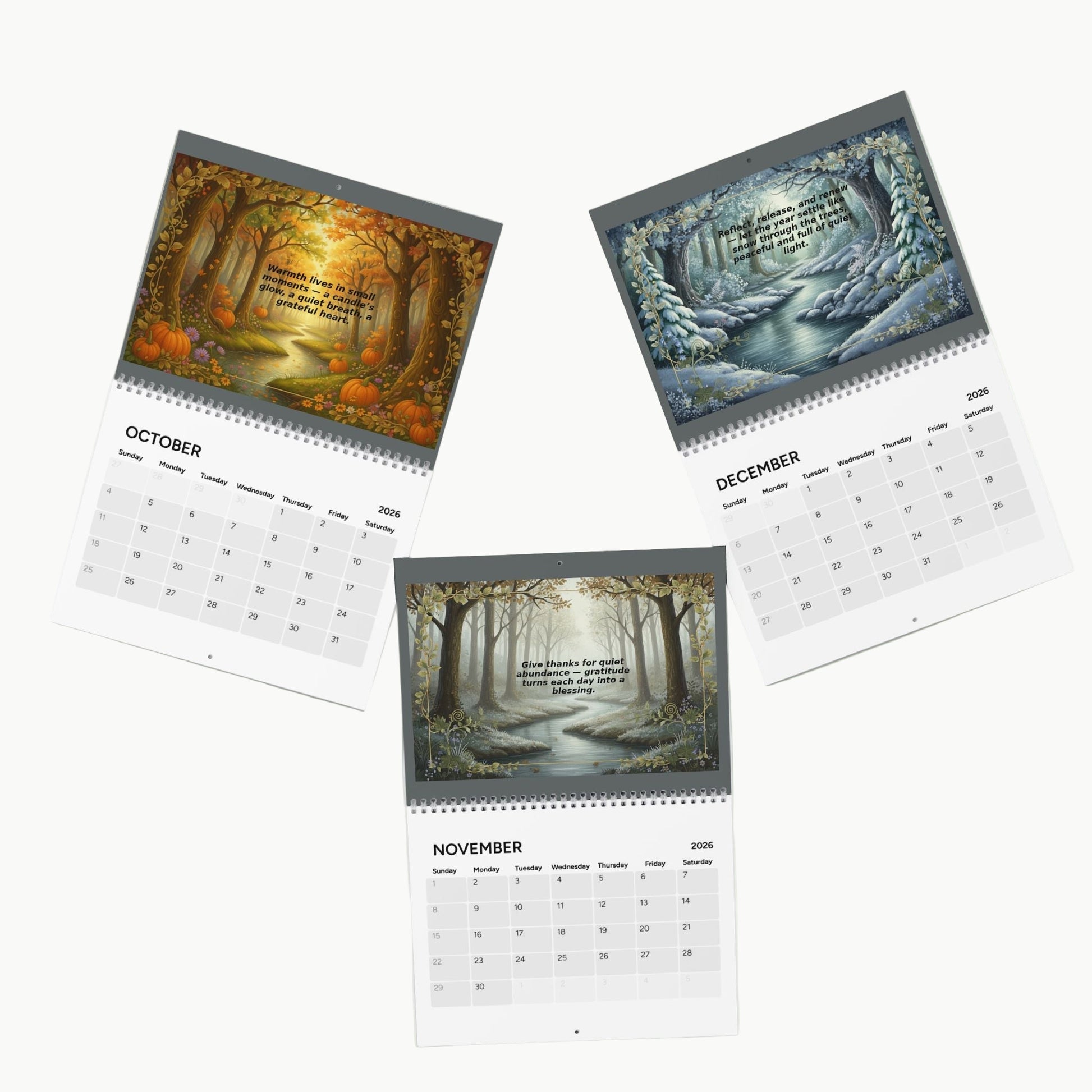 Three wall calendars for October, November, and December showing nature-themed covers.