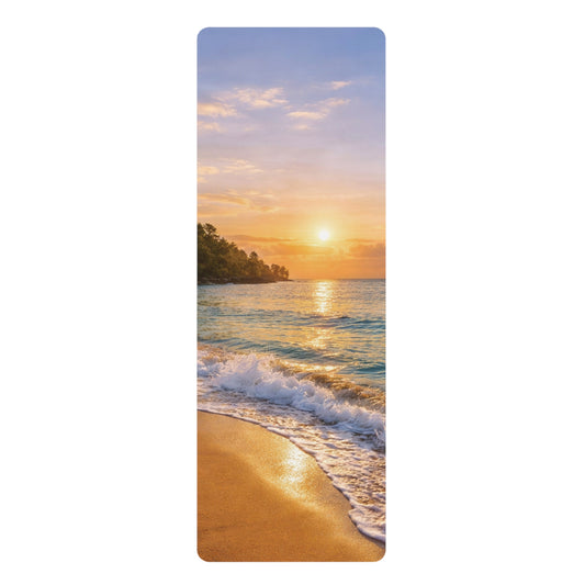 Sunset Beach Waves Rubber Yoga Mat | Seaside Sunrise, Ocean Scene Meditation Mat