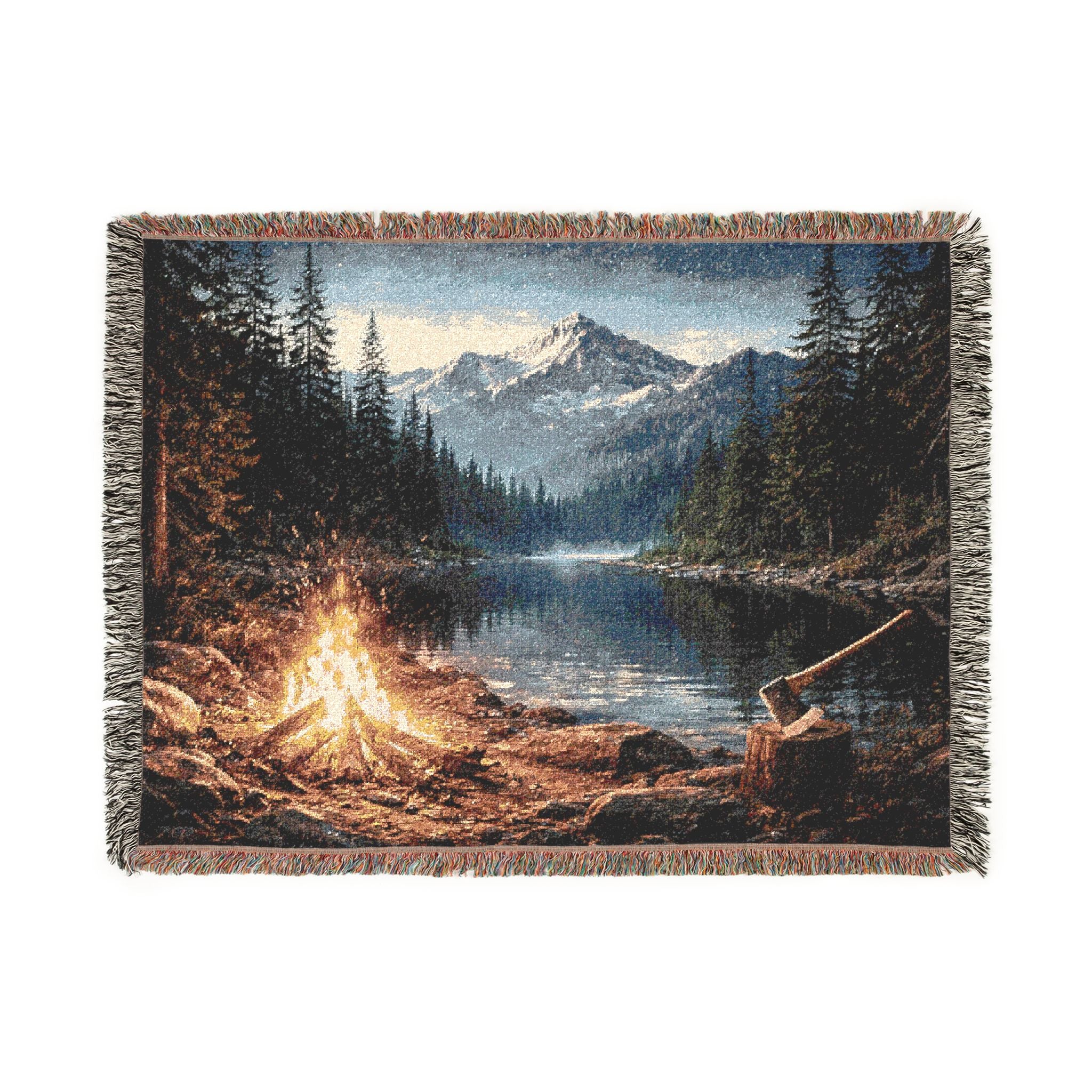 Campfire At Mountain Lake Woven Blanket home decor with nature-inspired artwork - product view 10