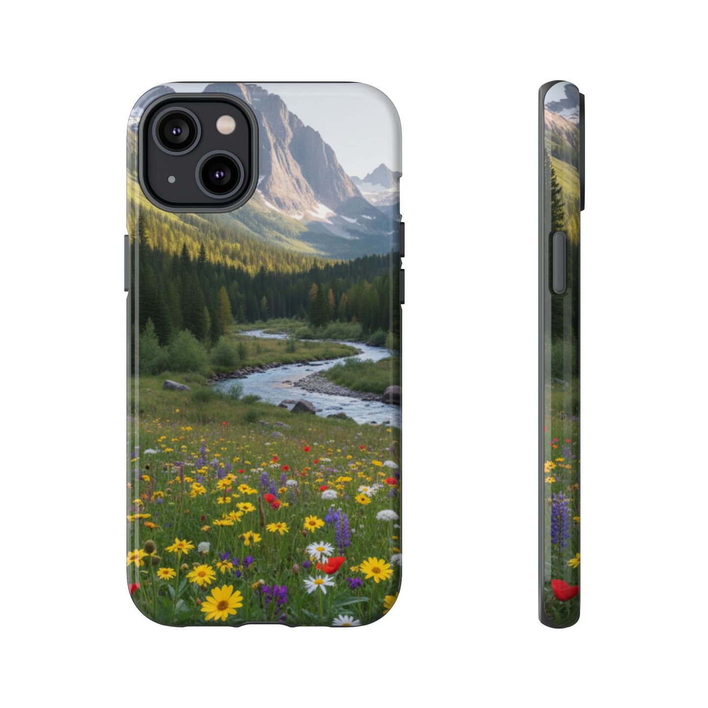 Mountain Meadow Phone Case — Vibrant Wildflowers, Stream & Mountain Design