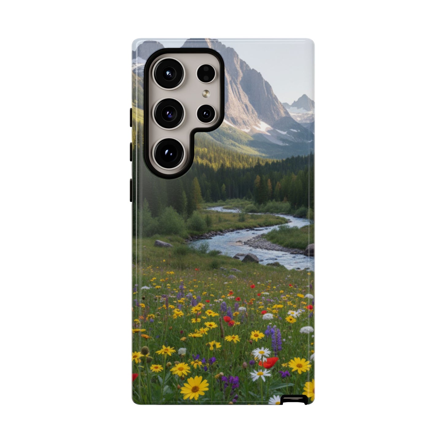 Mountain Meadow Phone Case — Vibrant Wildflowers, Stream & Mountain Design