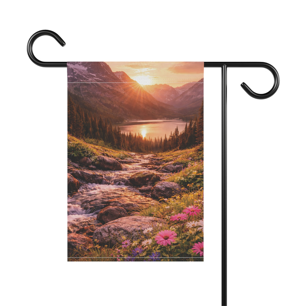 Sunset Mountain Lake with Wildflowers garden flag with nature-inspired artwork - product view 4