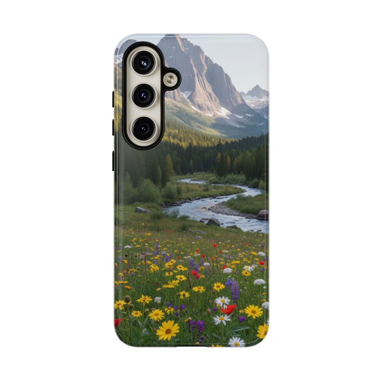 Mountain Meadow Phone Case — Vibrant Wildflowers, Stream & Mountain Design