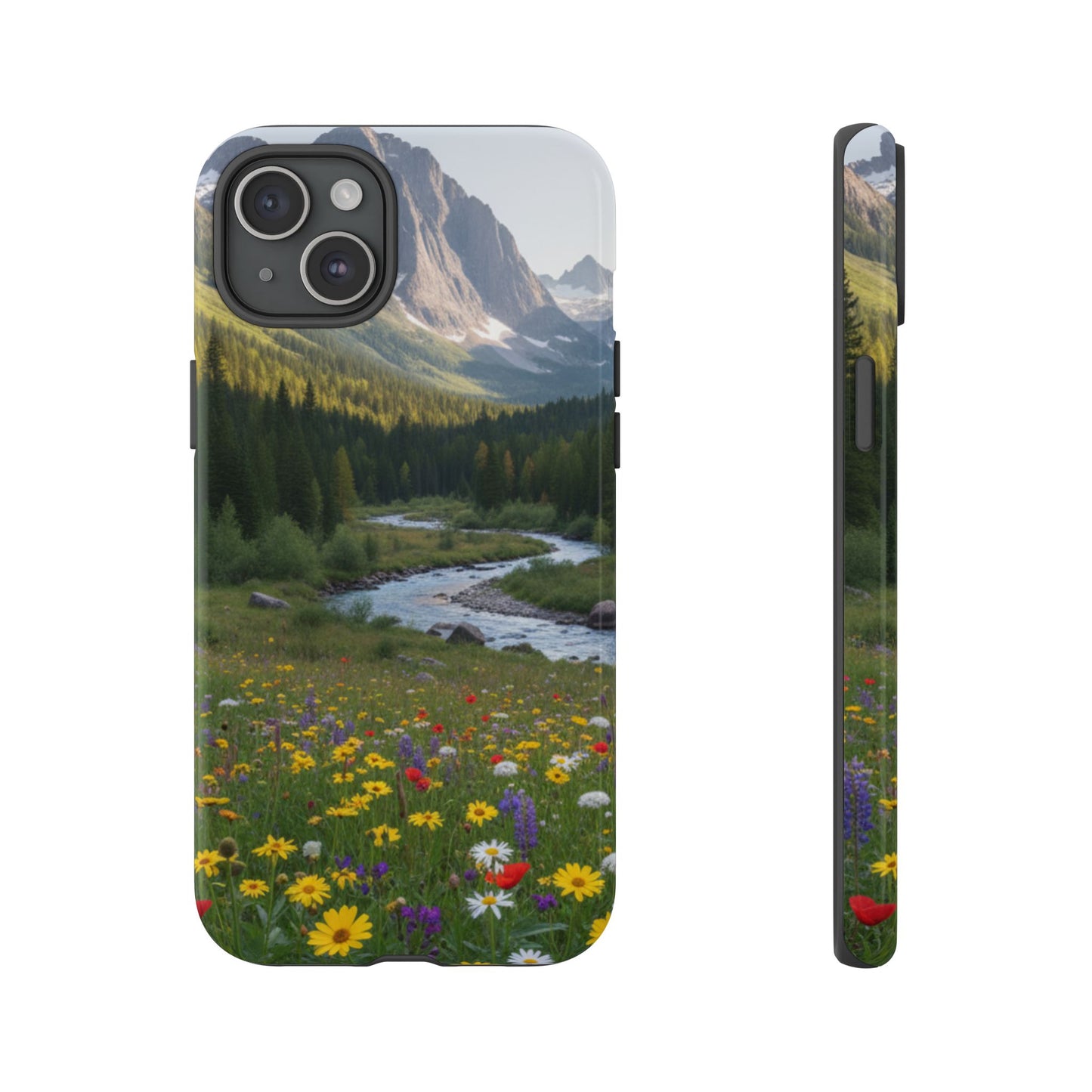 Mountain Meadow Phone Case — Vibrant Wildflowers, Stream & Mountain Design