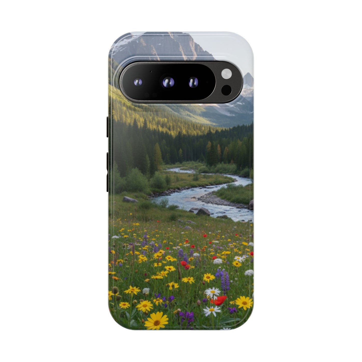 Mountain Meadow Phone Case — Vibrant Wildflowers, Stream & Mountain Design