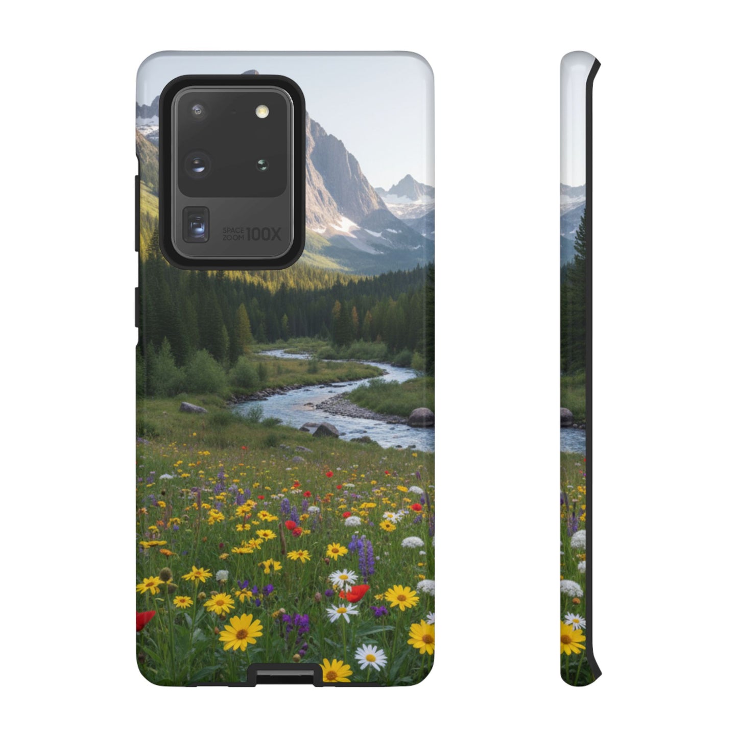 Mountain Meadow Phone Case — Vibrant Wildflowers, Stream & Mountain Design