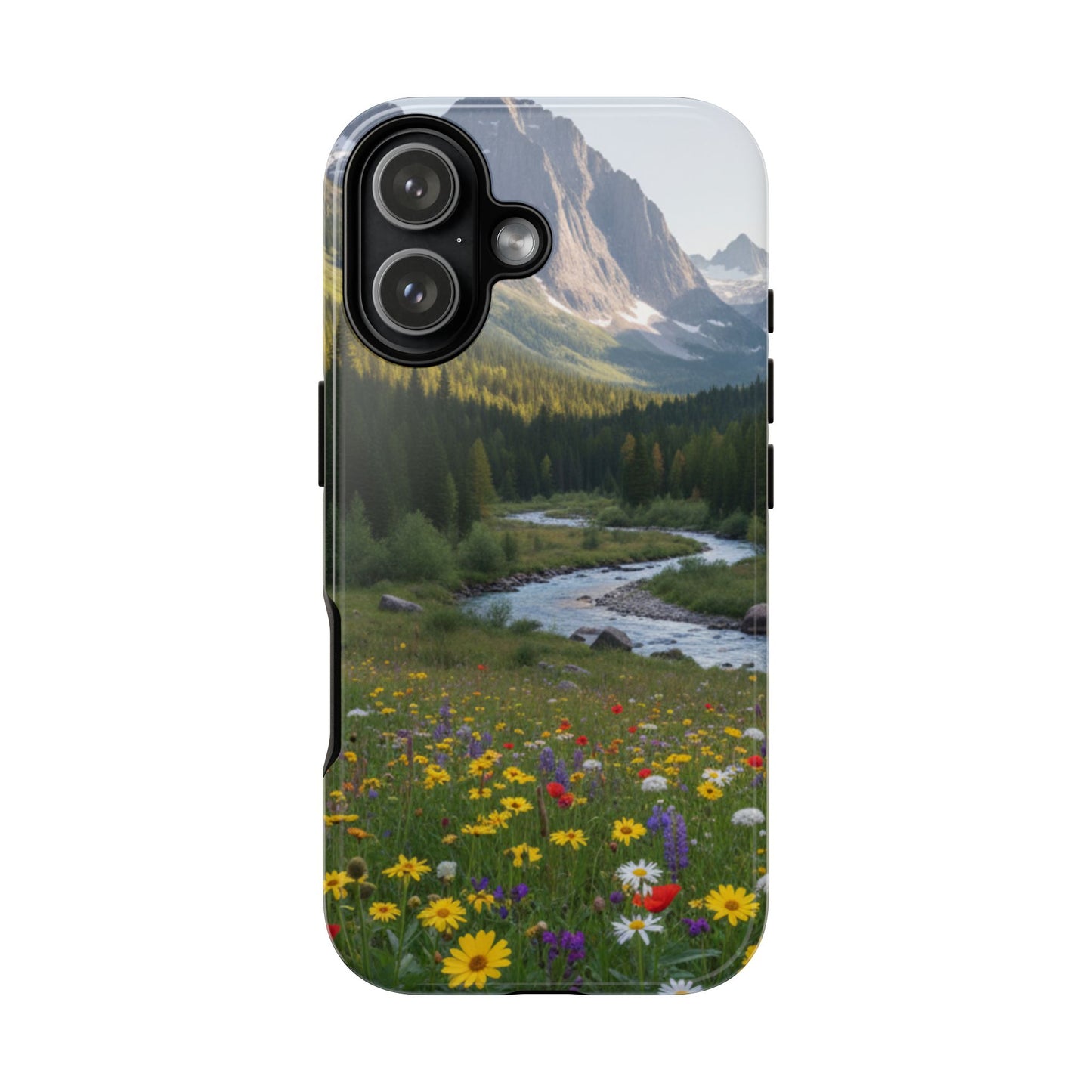 Mountain Meadow Phone Case — Vibrant Wildflowers, Stream & Mountain Design