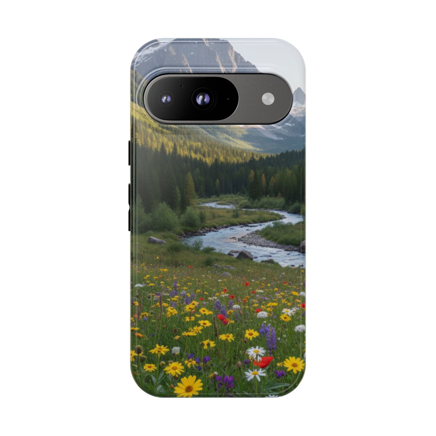 Mountain Meadow Phone Case — Vibrant Wildflowers, Stream & Mountain Design