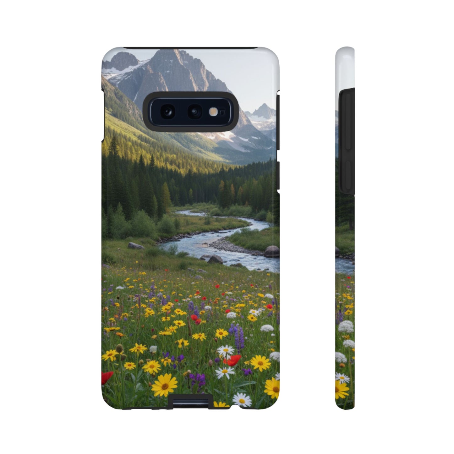 Mountain Meadow Phone Case — Vibrant Wildflowers, Stream & Mountain Design