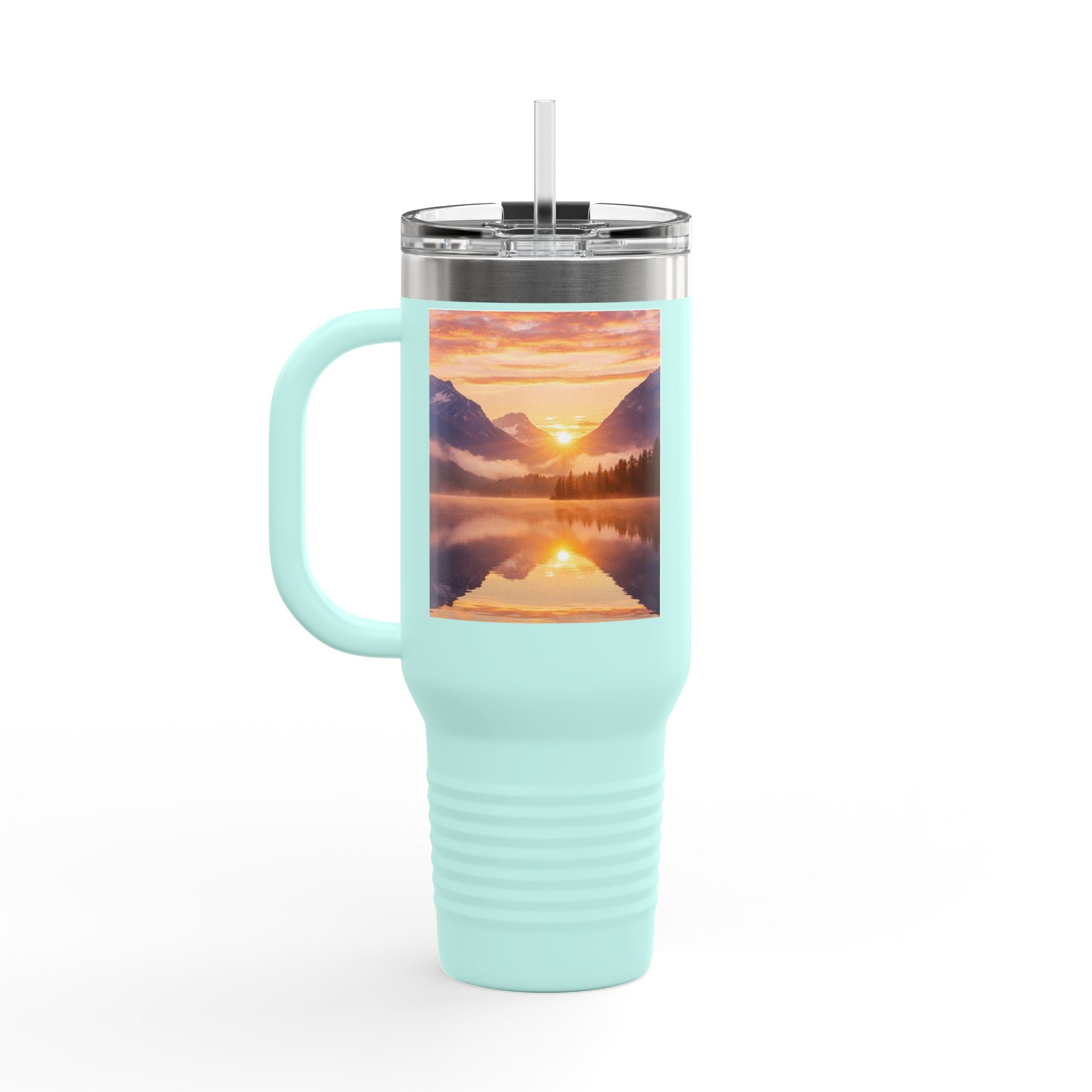 Light blue mug with a mountain sunset design on a white background