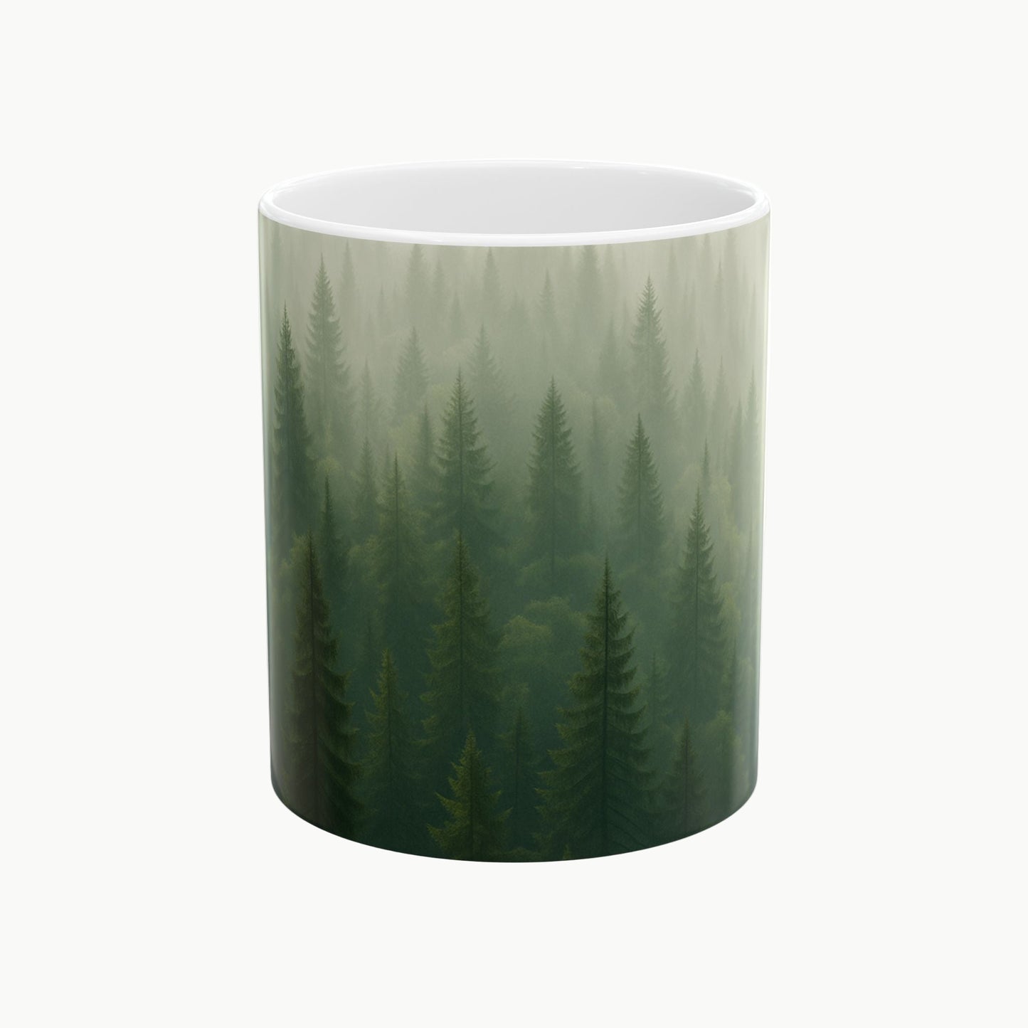 Cylindrical container with a forest design on a white background