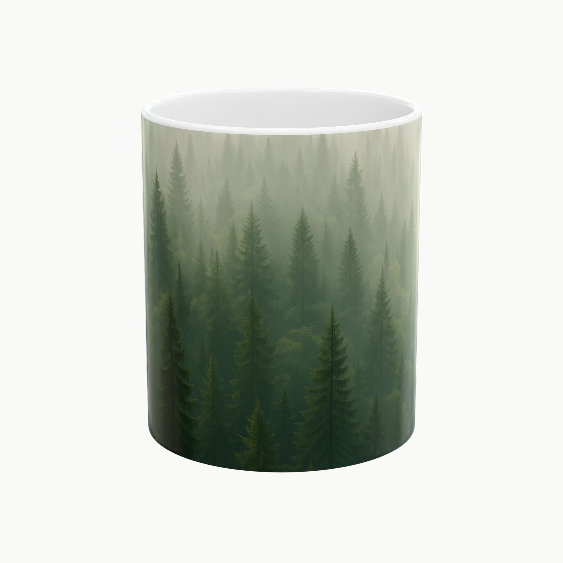 Cylindrical container with a forest design on a white background