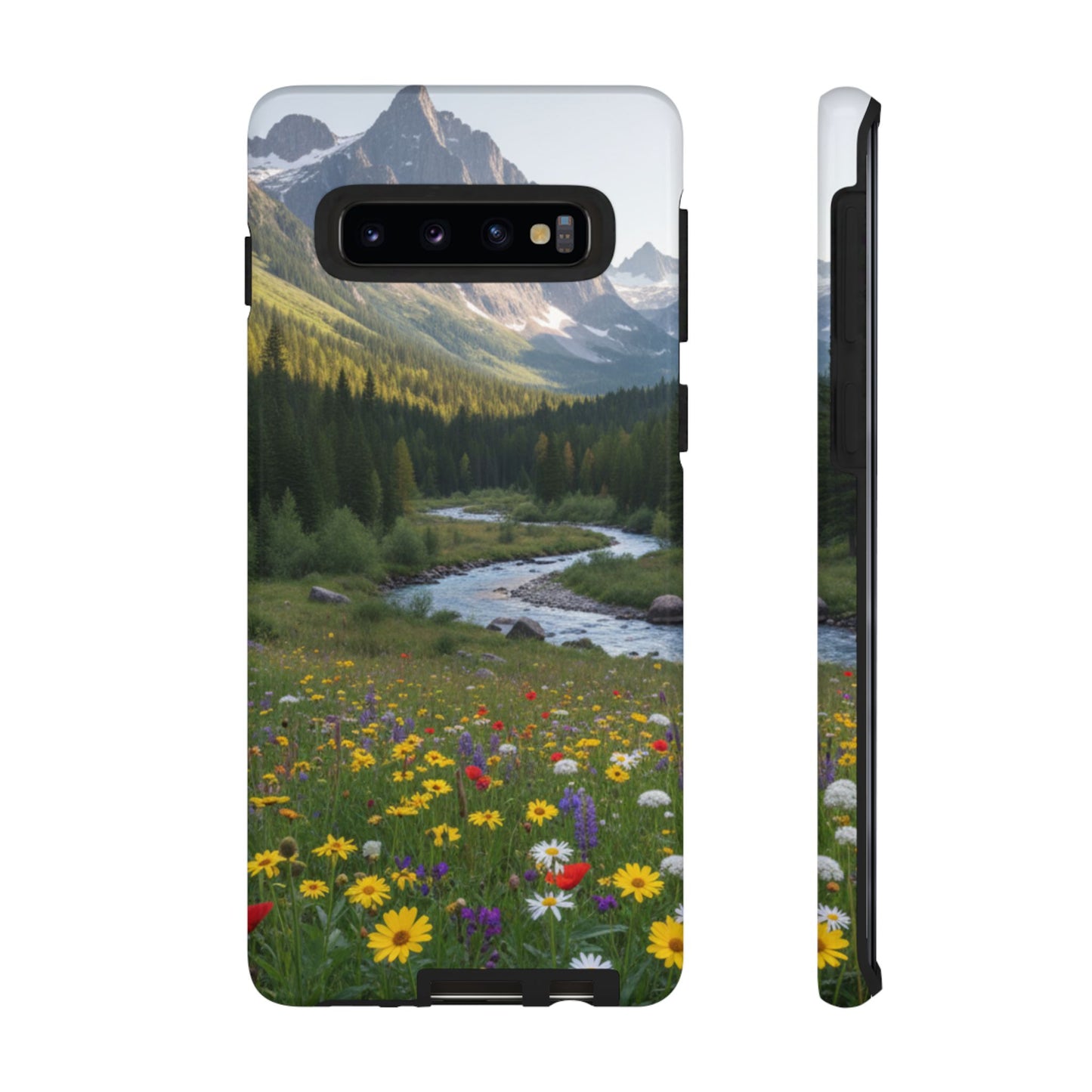 Mountain Meadow Phone Case — Vibrant Wildflowers, Stream & Mountain Design