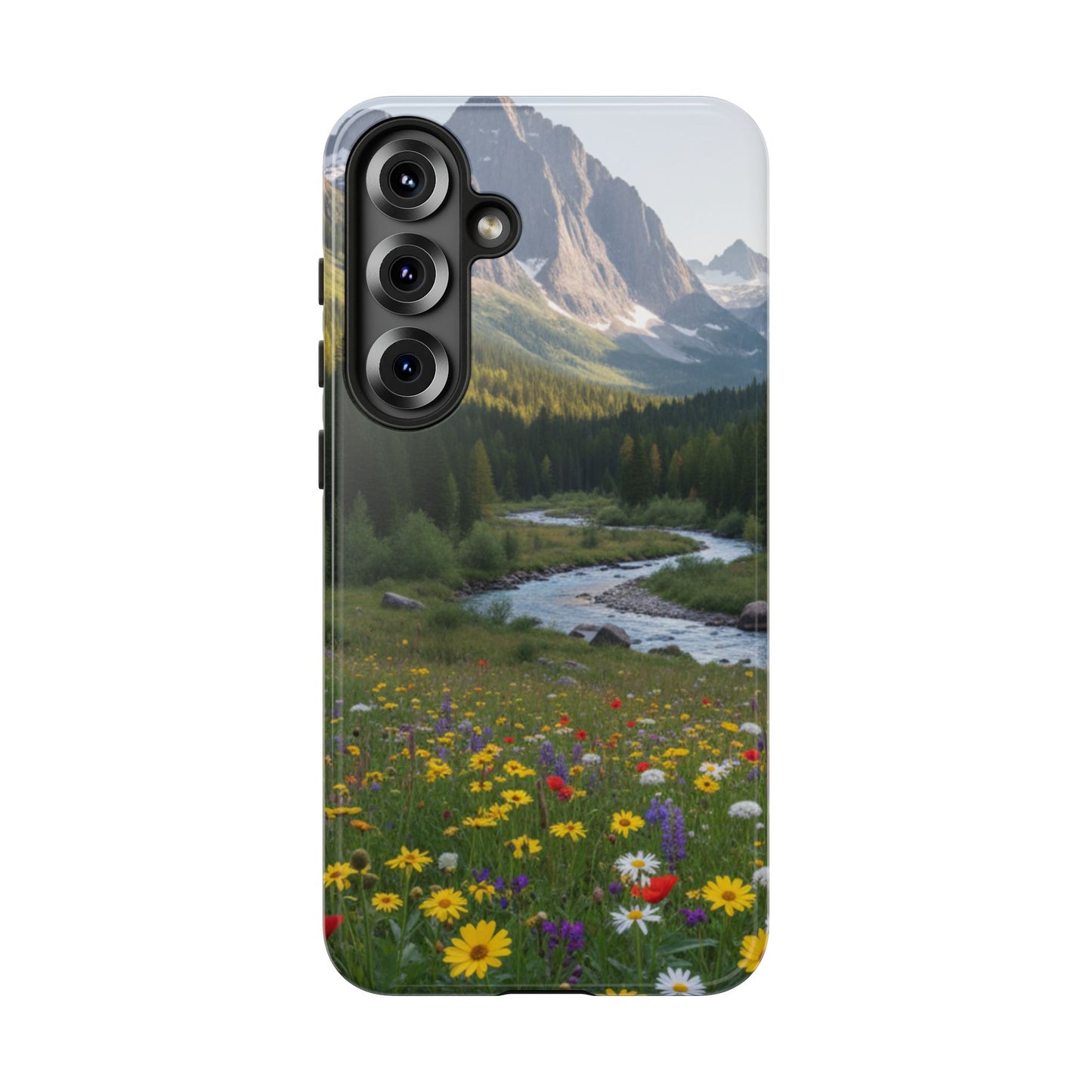 Mountain Meadow Phone Case — Vibrant Wildflowers, Stream & Mountain Design