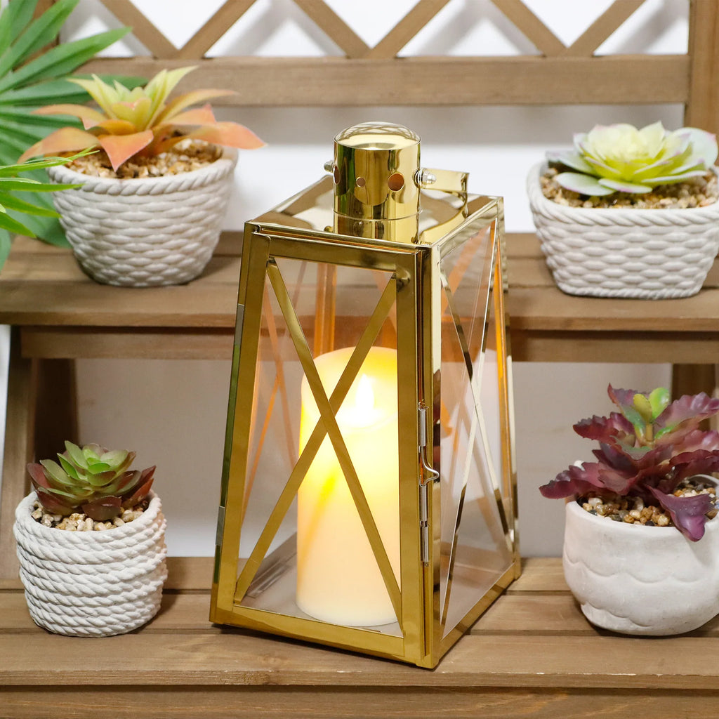 12''h Stainless Steel Decorative Lantern (trapezoid) decorative candle lanterns with nature-inspired artwork - product view 9