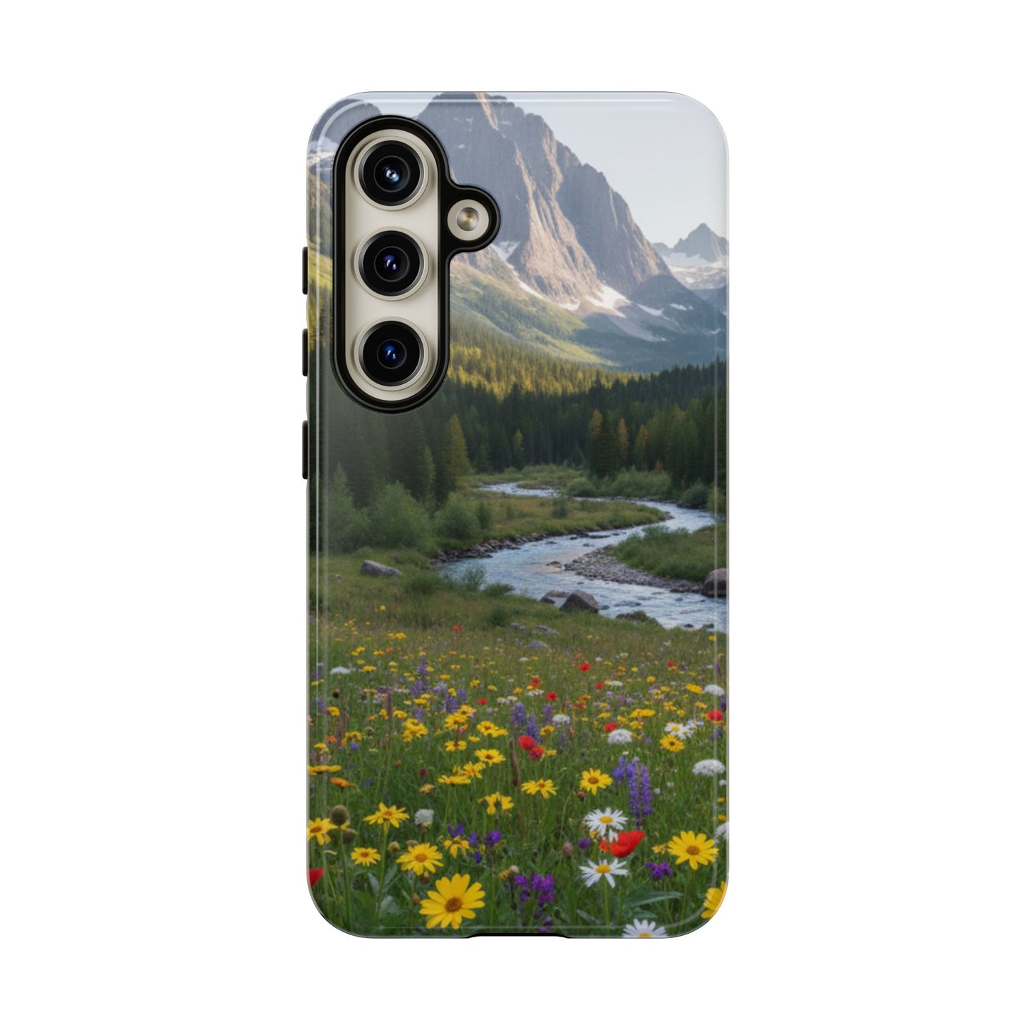 Mountain Meadow Phone Case — Vibrant Wildflowers, Stream & Mountain Design