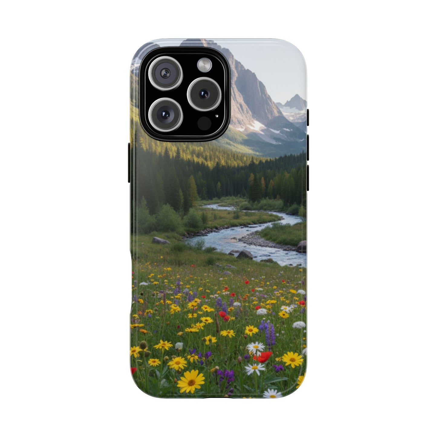 Mountain Meadow Phone Case — Vibrant Wildflowers, Stream & Mountain Design