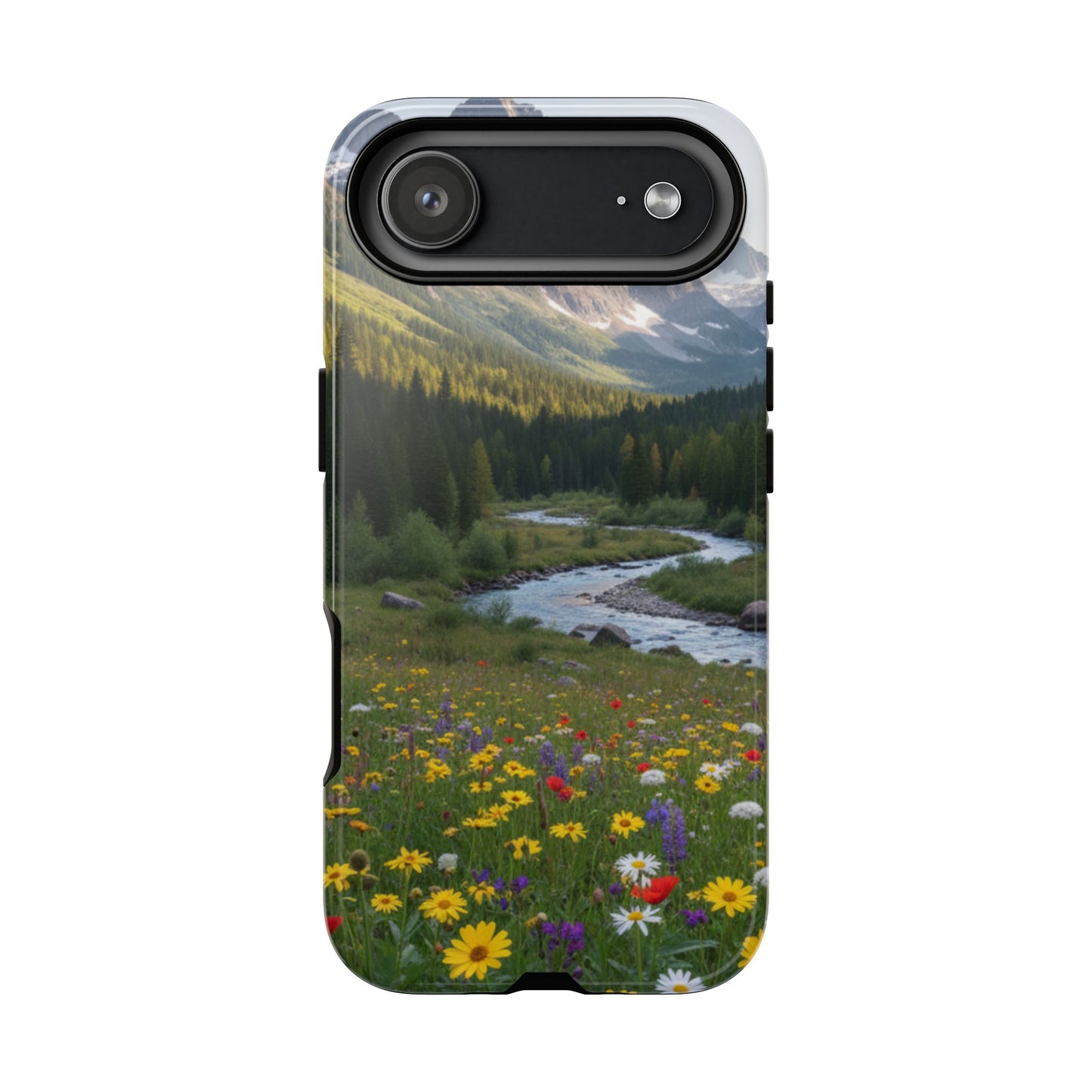 Mountain Meadow Phone Case — Vibrant Wildflowers, Stream & Mountain Design