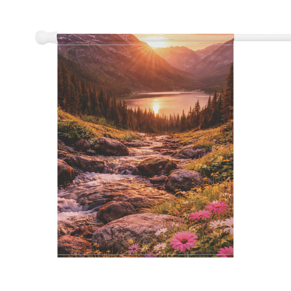 Sunset Mountain Lake with Wildflowers garden flag with nature-inspired artwork - product view 7