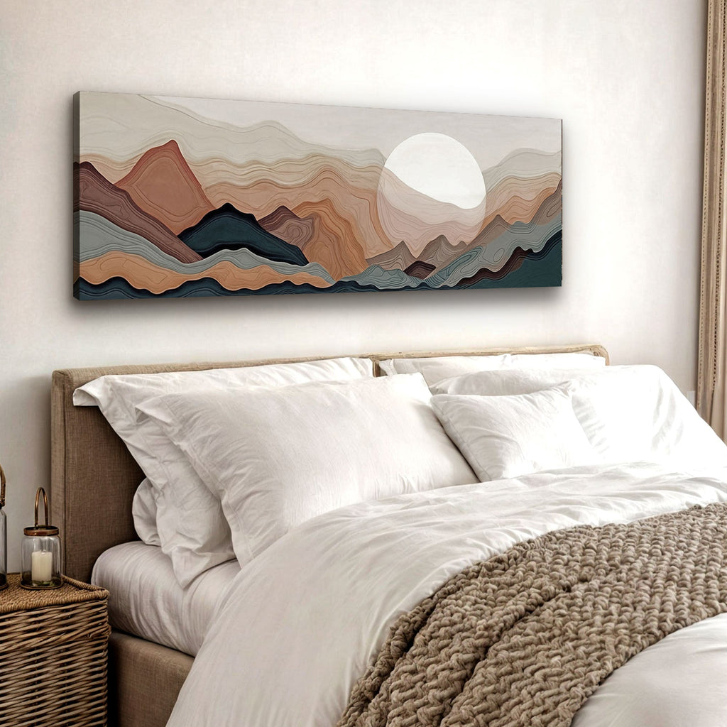 Bedroom with abstract mountain painting above the bed