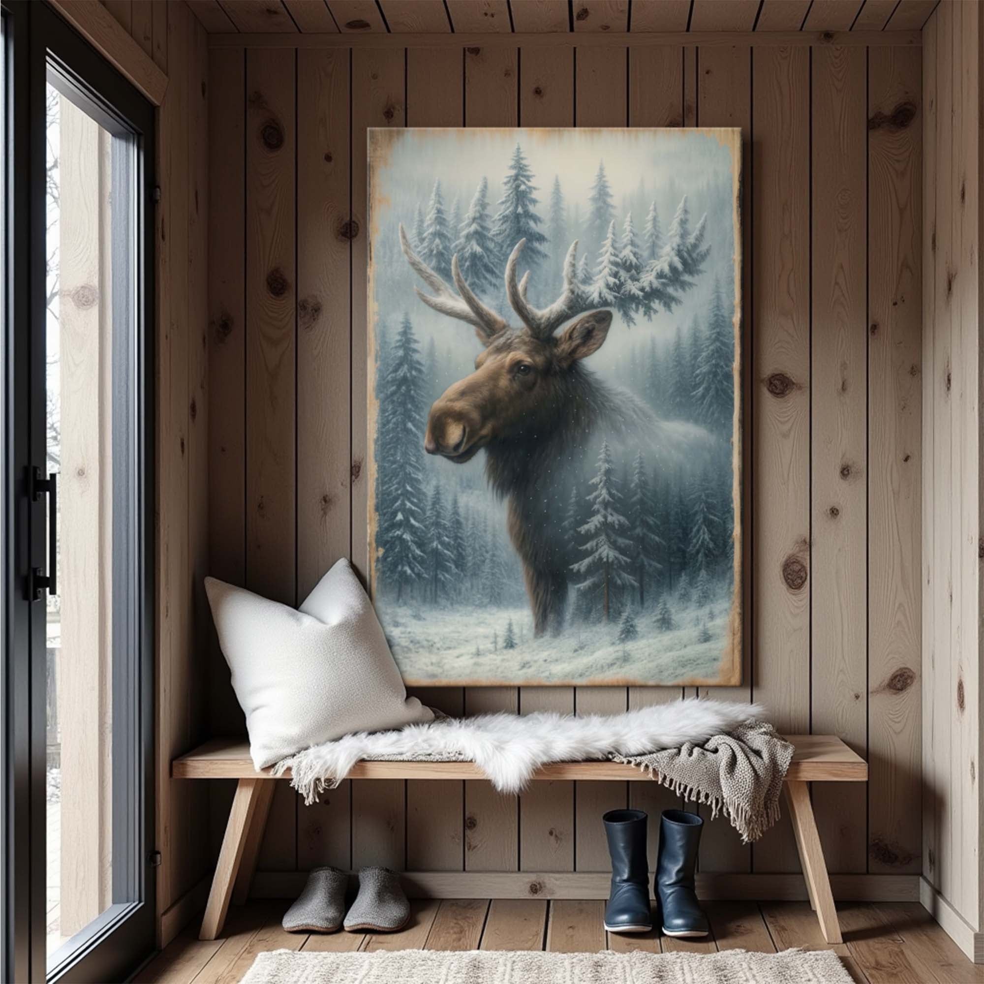 Snowy Forest Moose Double Exposure wall art with nature-inspired artwork