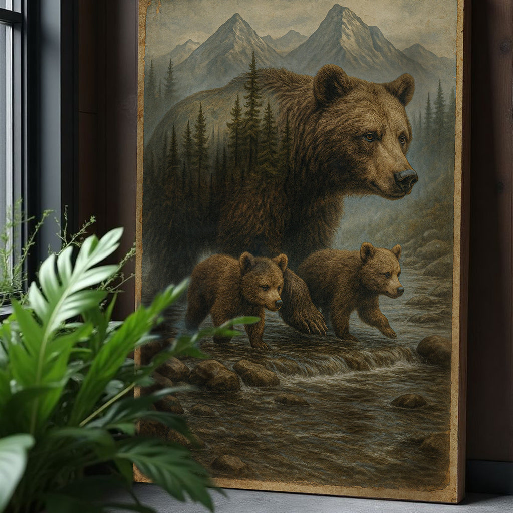 Mother Bear and Cubs Crossing Double Exposure wall art with nature-inspired artwork