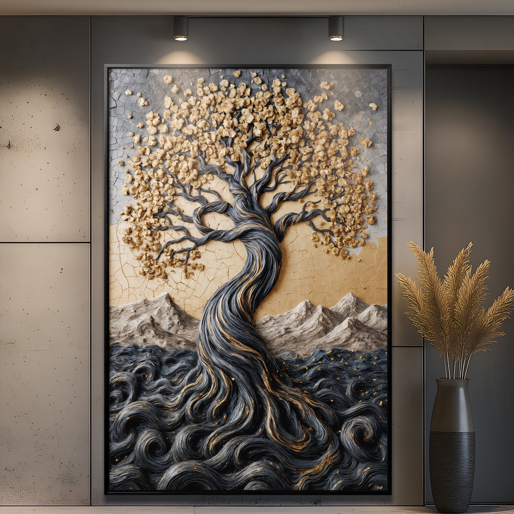 Golden Tree of Life Minimalist Impasto wall art with nature-inspired artwork