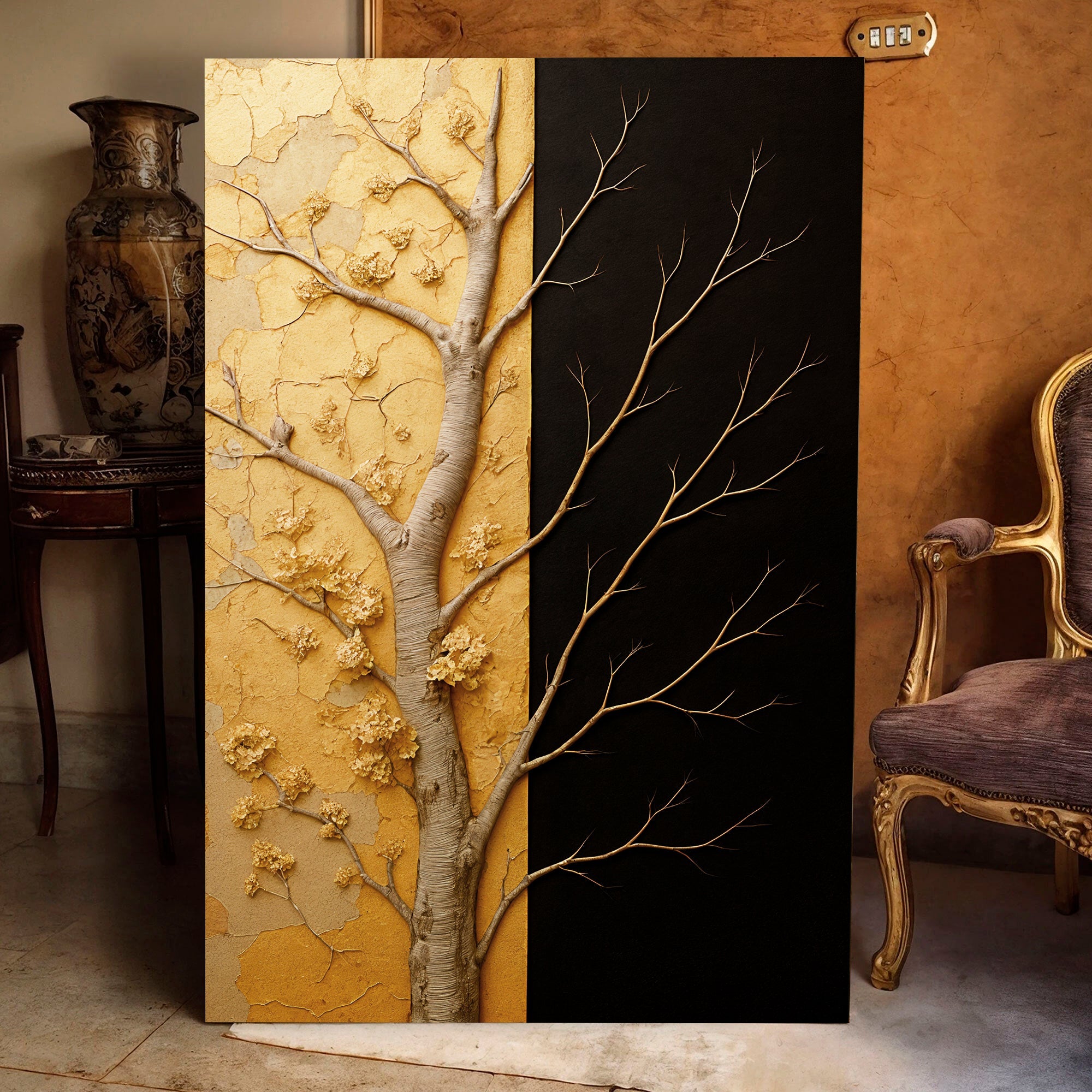 Golden Eclipse Impasto wall art with nature-inspired artwork