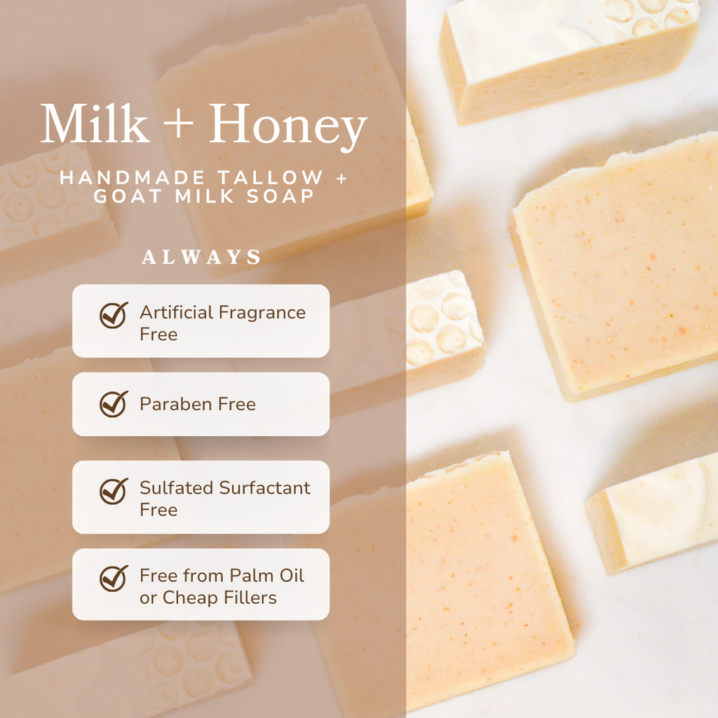 Milk + Honey Fragrance Free Handmade Tallow and Goat Milk Soap Bar bar soap with nature-inspired artwork - product view 3