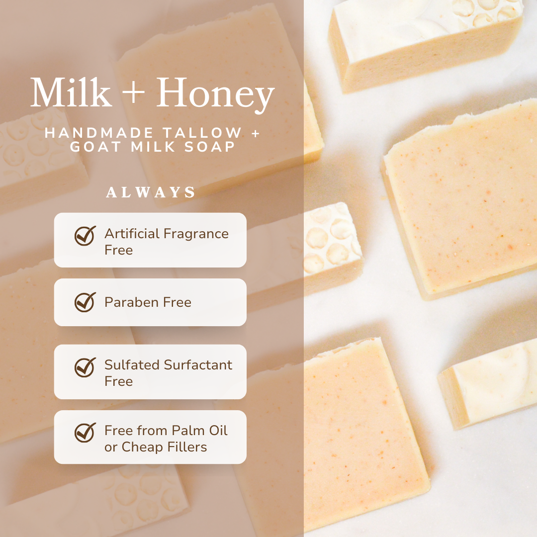 Milk + Honey Fragrance Free Handmade Tallow and Goat Milk Soap Bar bar soap with nature-inspired artwork - product view 3