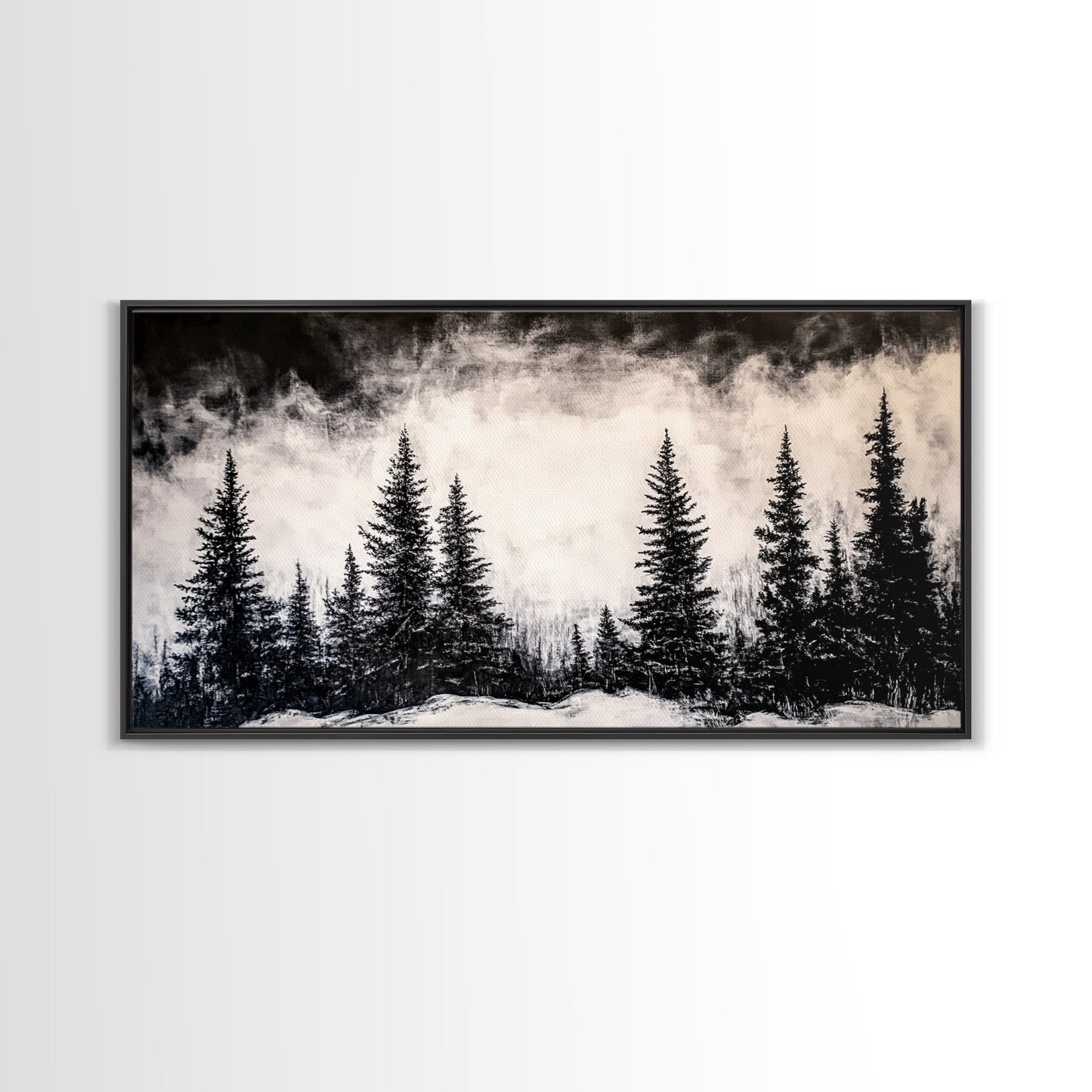 Pine Tree Foggy Winter | Black and White Framed Canvas Print