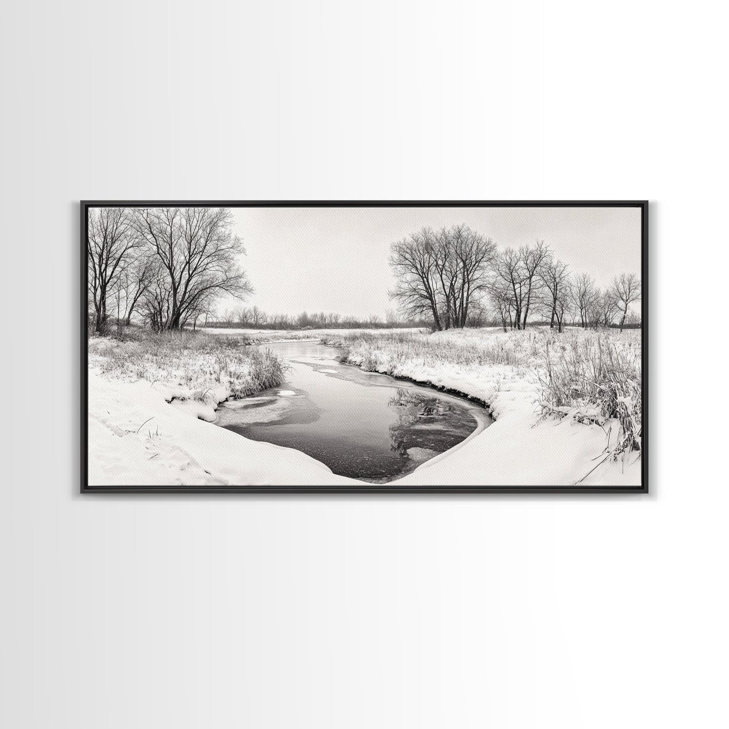 Frozen Stream & Bare Trees | Black & White Landscape Canvas Print