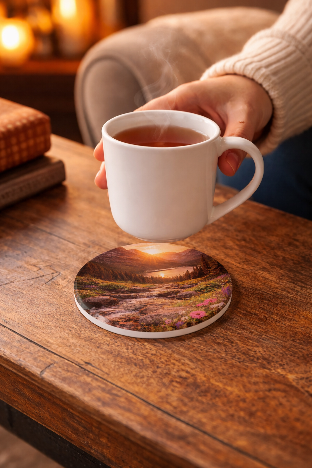 Sunset Mountain Valley Floral Scene coaster with nature-inspired artwork