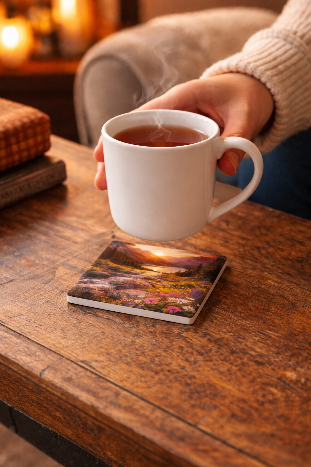 Sunset Mountain Valley Floral Scene Ceramic Coaster | Lake Landscape Drink Mat