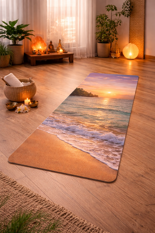 Sunset Beach Waves Rubber Yoga Mat | Seaside Sunrise, Ocean Scene Meditation Mat