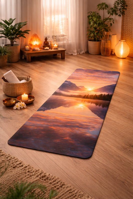 Mountain Sunset Over Lake Rubber Yoga Mat | Scenic Landscape Meditation Mat