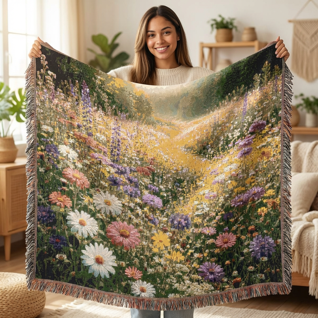 Mountain Meadow Woven Blanket | Scenic Nature Landscape Throw