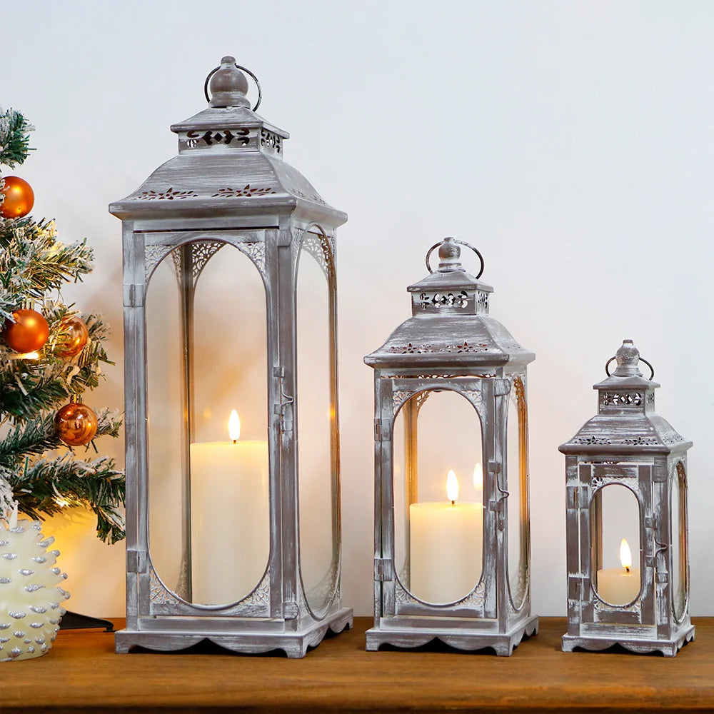 Set of 3 10/14/19.5''h Candle Lanterns(cement Grey) decorative candle lanterns with nature-inspired artwork - product view 5
