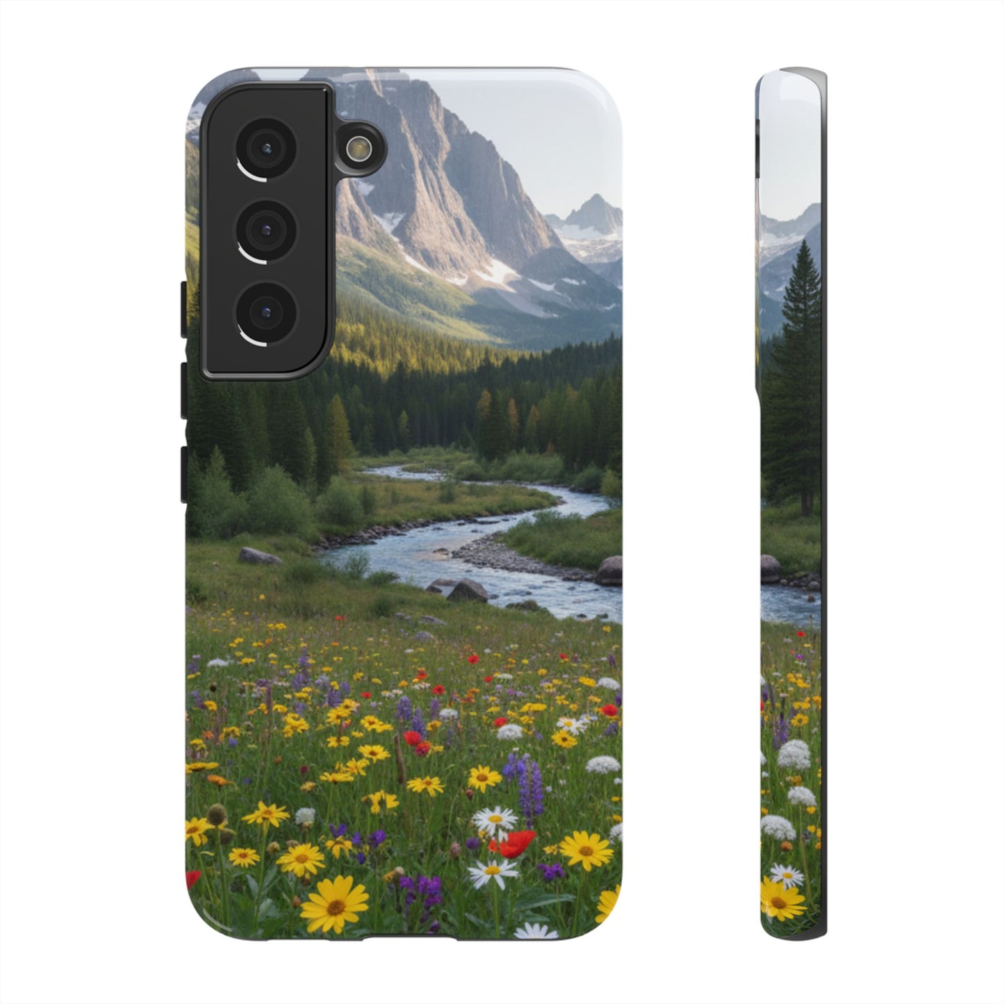 Mountain Meadow Phone Case — Vibrant Wildflowers, Stream & Mountain Design