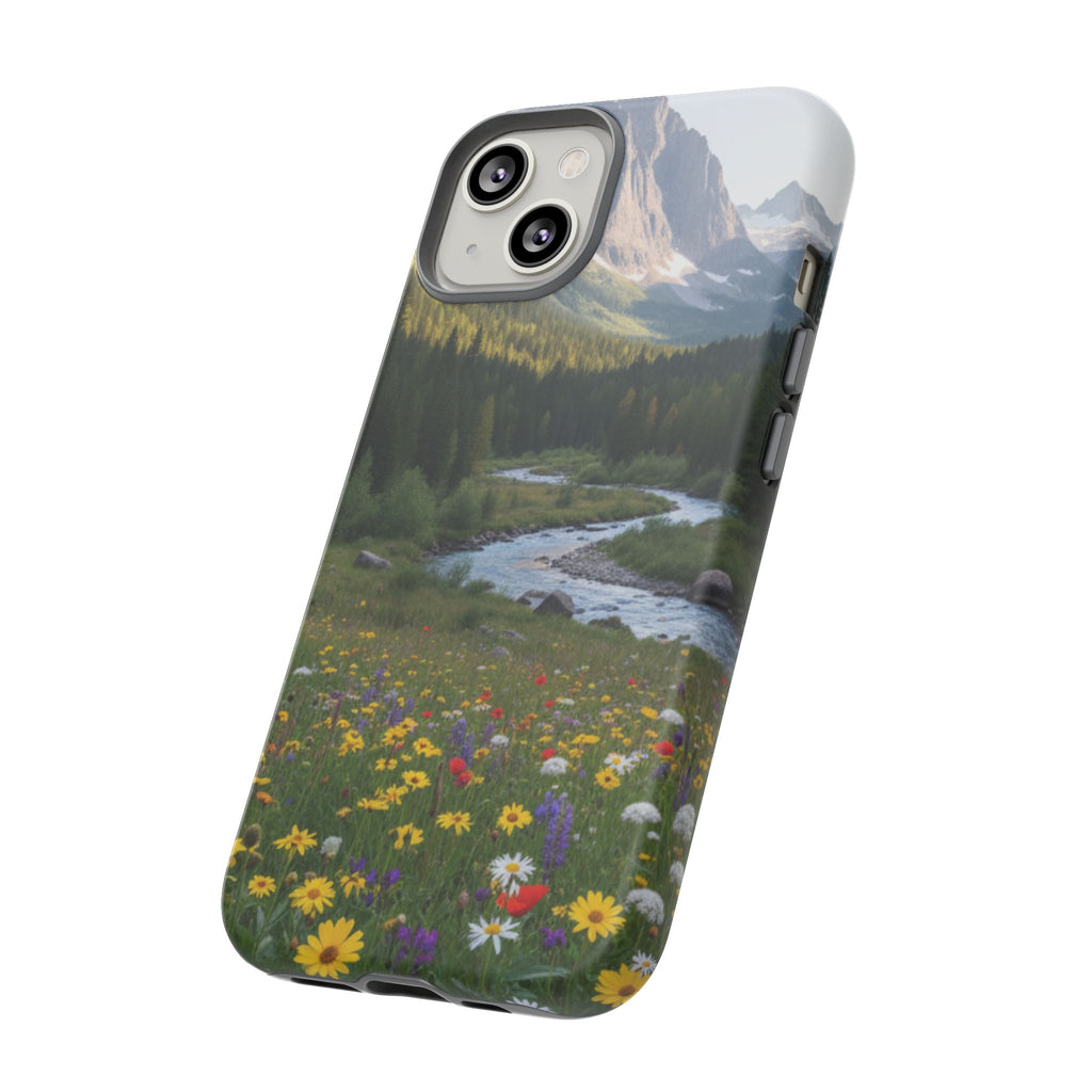 Mountain Meadow Phone Case — Vibrant Wildflowers, Stream & Mountain Scenery