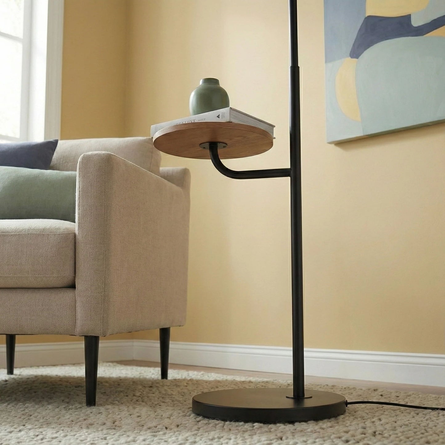 Black and White Floor Lamp With Wooded Table Base
