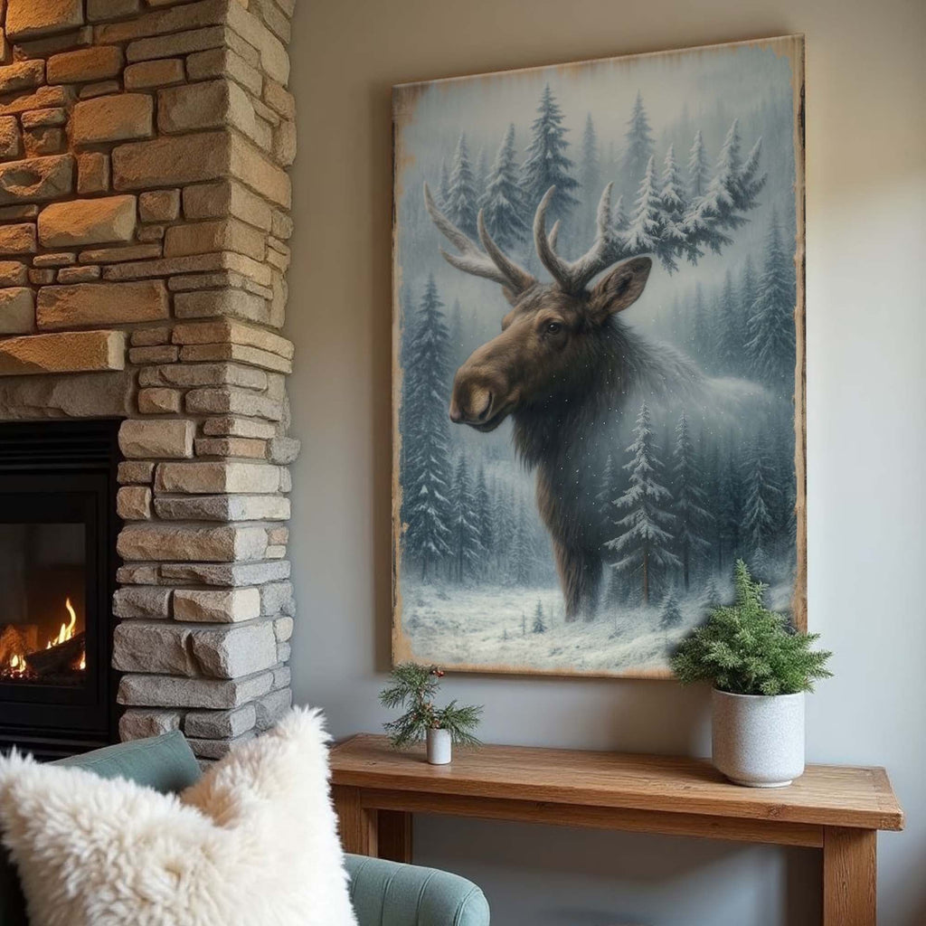 Snowy Forest Moose Double Exposure wall art with nature-inspired artwork - product view 2