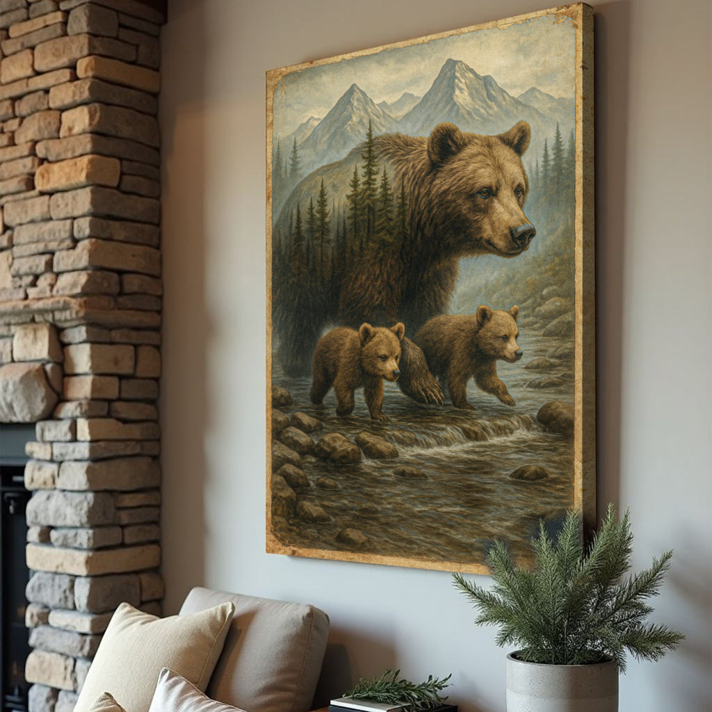 Mother Bear and Cubs Crossing Double Exposure wall art with nature-inspired artwork - product view 2